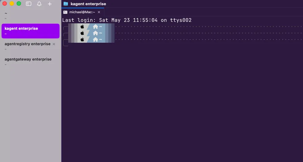 cmux with project tabs for kagent, agentregistry, and agentgateway in the sidebar and a terminal open