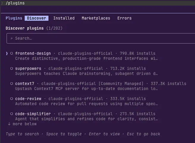 Claude Code plugin browser listing frontend-design, superpowers, context7, code-review, and code-simplifier